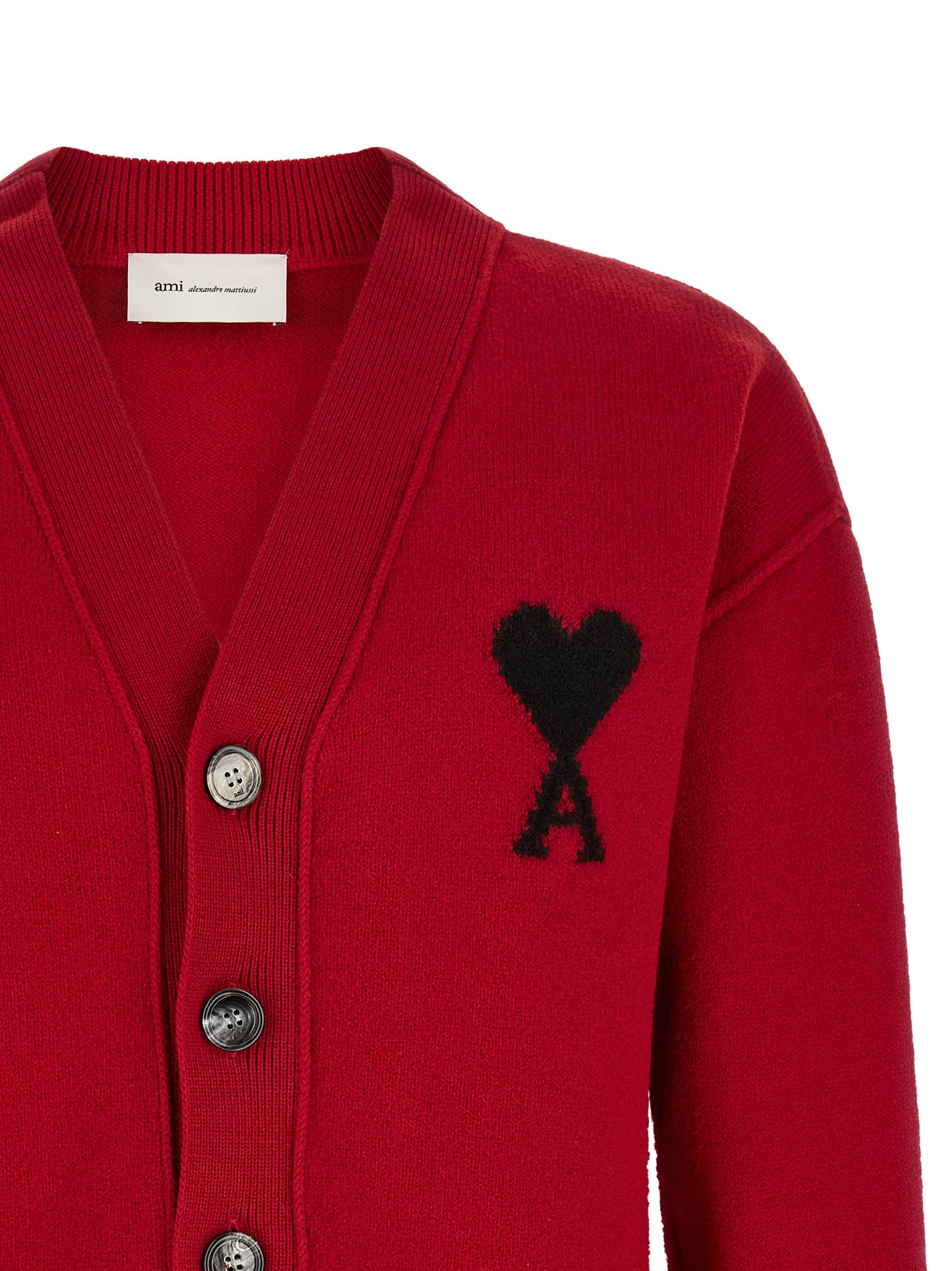 Cardigan by Ami Paris for men in merino wool multicolor, red & ruby features an crisp silhouette, showcasing a sophisticated v-neck neckline and detail for a truly crisp finish.