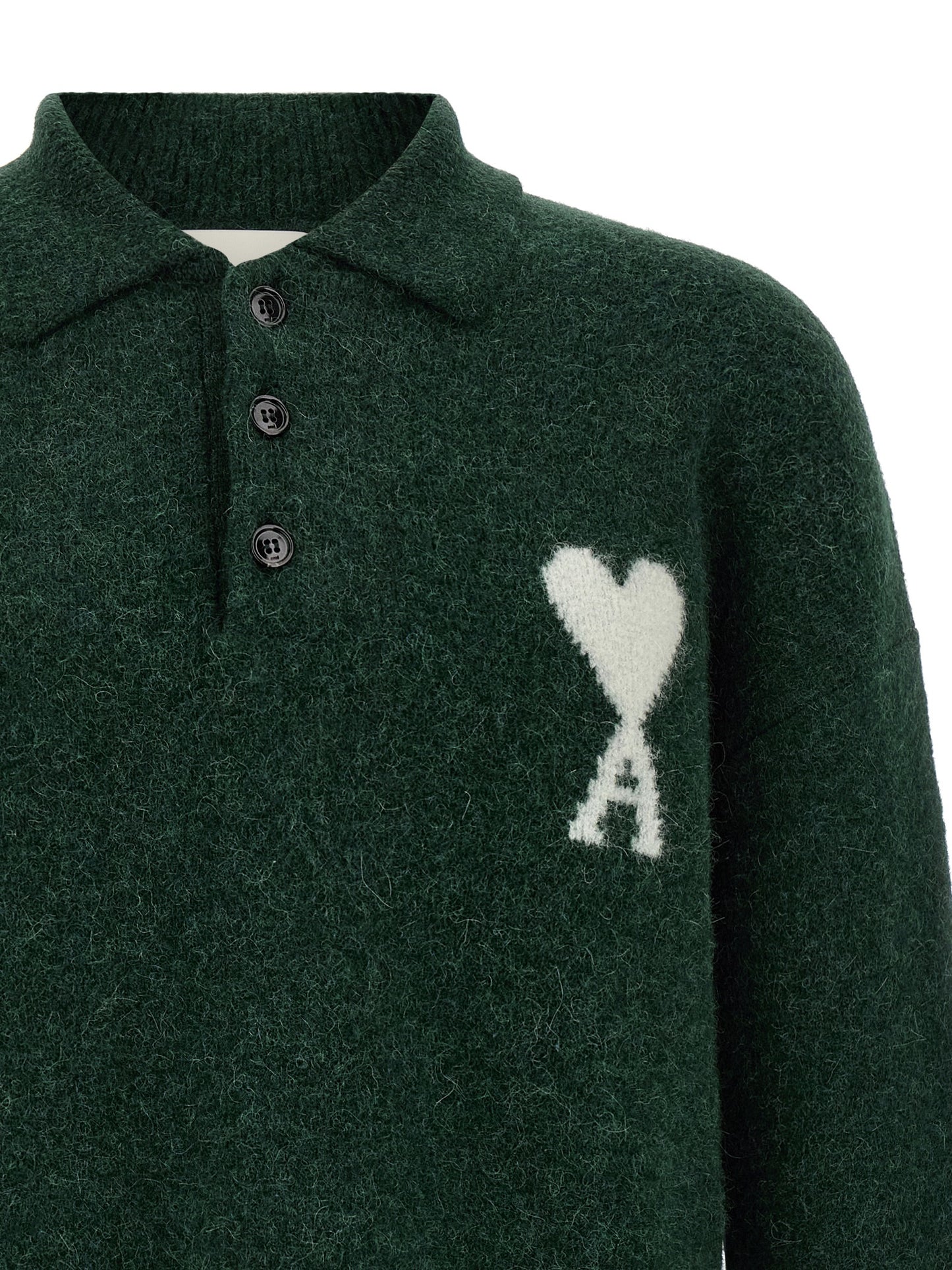Polo Shirt by Ami Paris for men in polyamide leather & alpaca wool bicolour, green & signature showcases a sharp silhouette, detailed with a refined and sharp for a sophisticated finish.