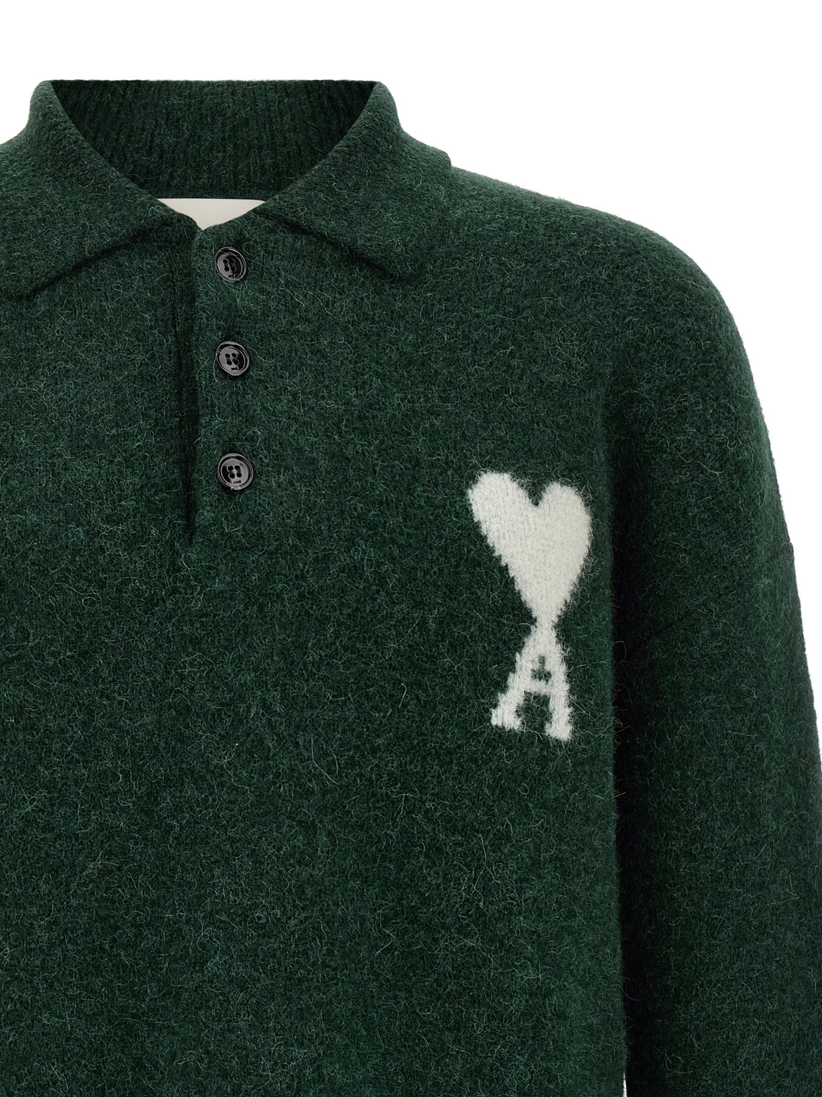 Polo Shirt by Ami Paris for men in polyamide leather & alpaca wool bicolour, green & signature showcases a sharp silhouette, detailed with a refined and sharp for a sophisticated finish.