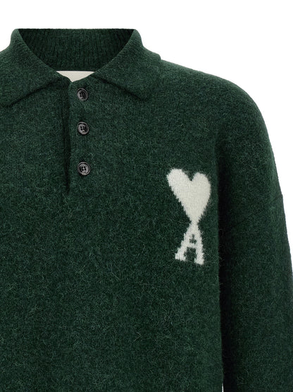 Polo Shirt by Ami Paris for men in polyamide leather & alpaca wool bicolour, green & signature showcases a sharp silhouette, detailed with a refined and sharp for a sophisticated finish.