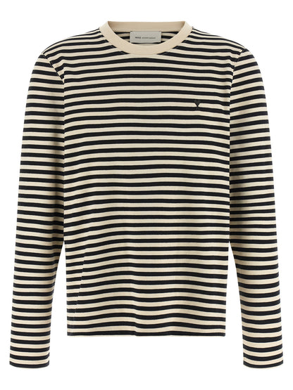 Activewear T-Shirt by Ami Paris for women in organic cotton bicolour, black, white & striped features a versatile silhouette, showcasing a versatile and long-sleeve detailed with high-performance for a premium look.