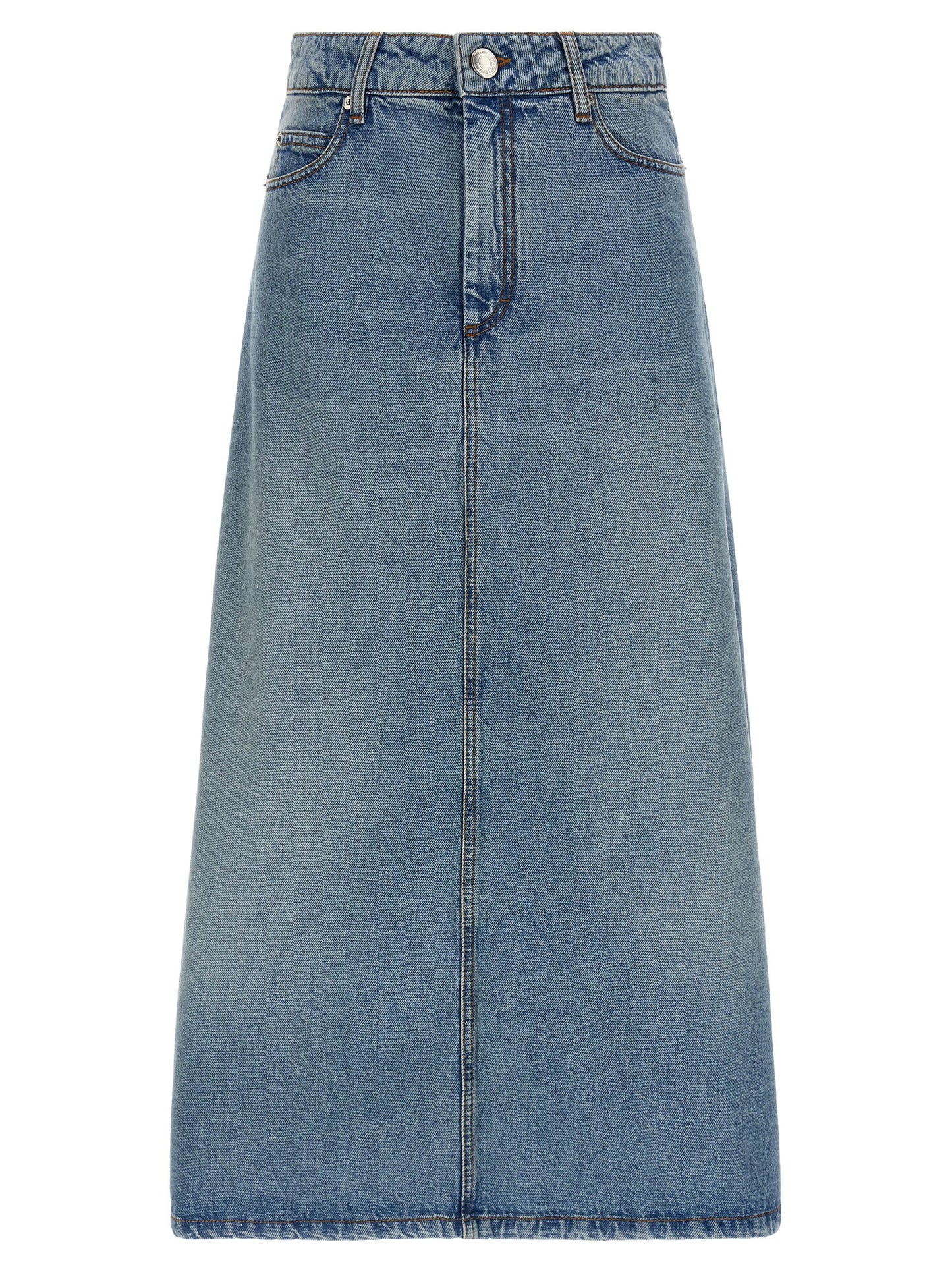 Skirt by Ami Paris for women in denim cotton & nickel blue showcases a sultry silhouette, elegantly defined by its midi and the sophisticated sultry design of the Women's Denim Cotton & Nickel Skirt.