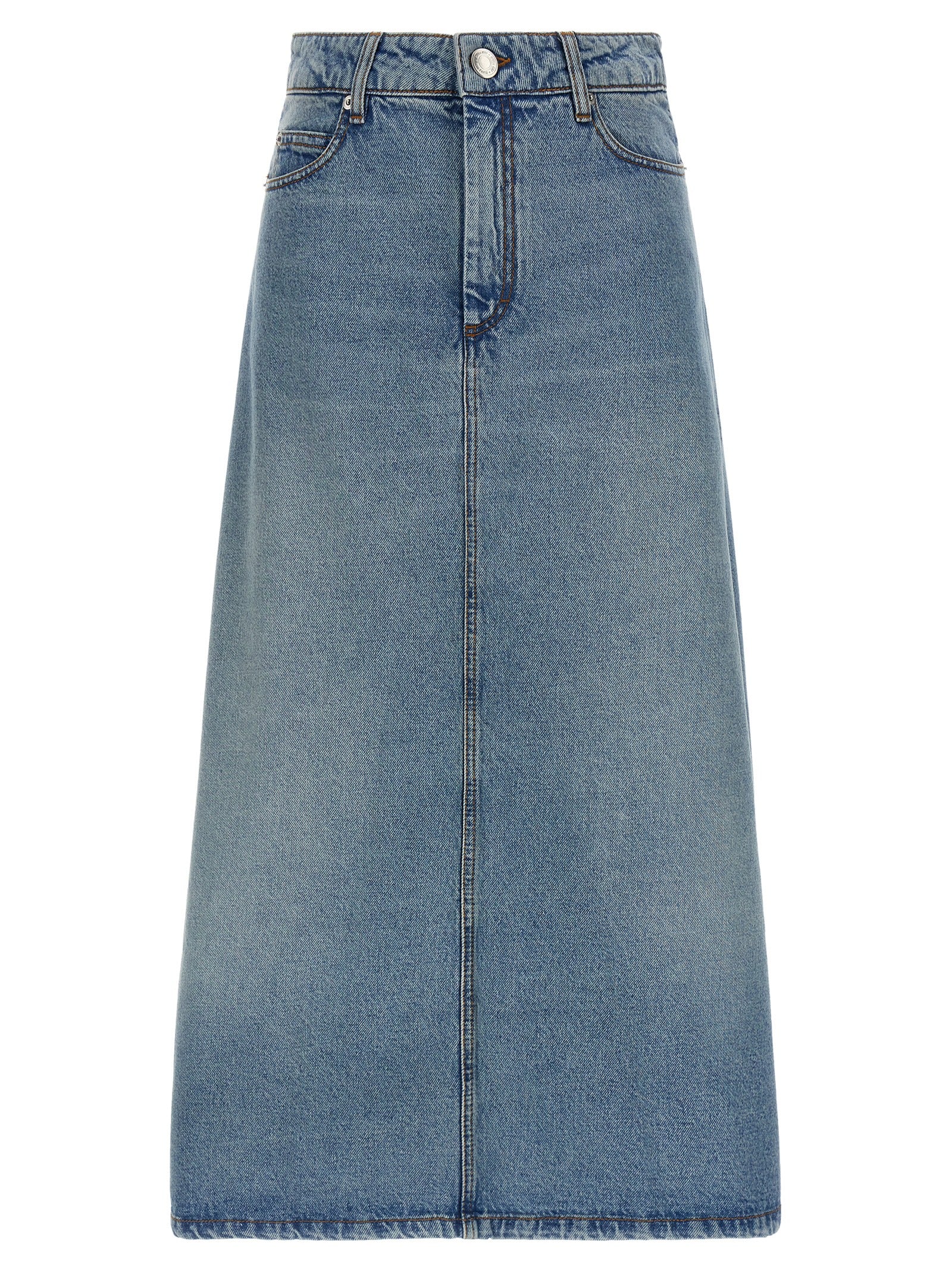 Skirt by Ami Paris for women in denim cotton & nickel blue showcases a sultry silhouette, elegantly defined by its midi and the sophisticated sultry design of the Women's Denim Cotton & Nickel Skirt.