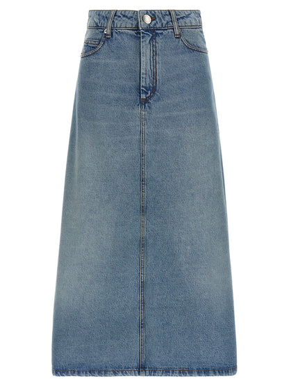 Skirt by Ami Paris for women in denim cotton & nickel blue showcases a sultry silhouette, elegantly defined by its midi and the sophisticated sultry design of the Women's Denim Cotton & Nickel Skirt.
