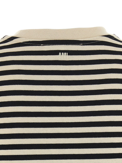 Activewear T-Shirt by Ami Paris for women in organic cotton bicolour, black, white & striped features a dynamic silhouette with and enhanced by functional .