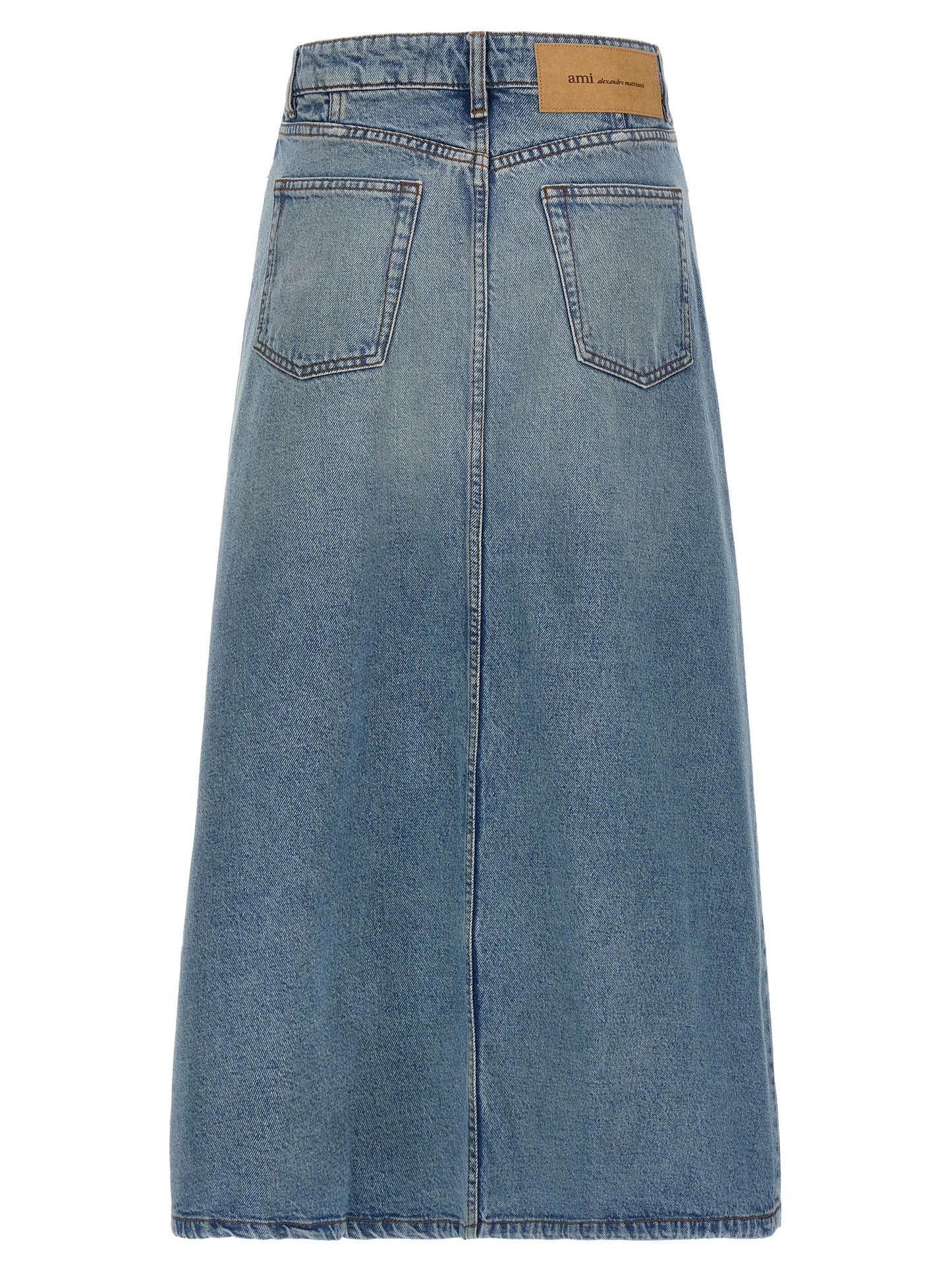 Skirt by Ami Paris for women in denim cotton & nickel blue features a captivating silhouette, showcasing the captivating Women's Denim Cotton & Nickel Skirt design with a sophisticated midi for a captivating look.
