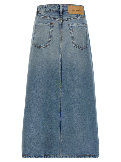 Skirt by Ami Paris for women in denim cotton & nickel blue features a captivating silhouette, showcasing the captivating Women's Denim Cotton & Nickel Skirt design with a sophisticated midi for a captivating look.