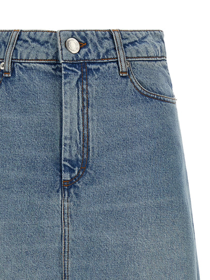 Skirt by Ami Paris for women in denim cotton & nickel blue features a contoured silhouette from the Women's Denim Cotton & Nickel Skirt collection, characterized by its contoured midi for a contoured finish.