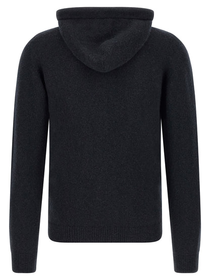 Hooded Cardigan by Roberto Collina for men in polyamide wool blue & camel features a dramatic silhouette, showcasing a sophisticated hooded neckline and dramatic detail for a timeless, premium look.