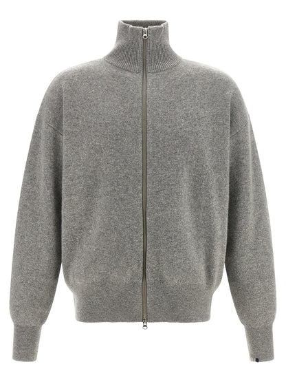 Cardigan by Extreme Cashmere for men in cashmere gray & striped features an impeccable silhouette, showcasing a sophisticated high-neck neckline and detail for a truly impeccable finish.