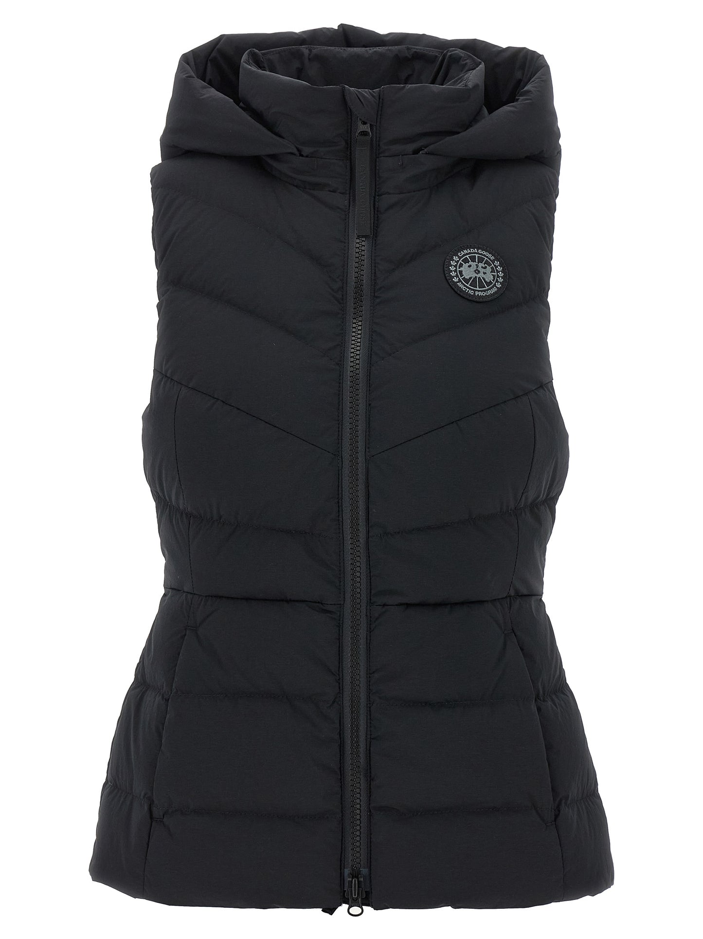 Hooded Vest by Canada Goose for women in polyamide & goose-down black features an contemporary silhouette, showcasing refined pockets, hooded & insulated and a contemporary hooded neckline for a sophisticated layered look.