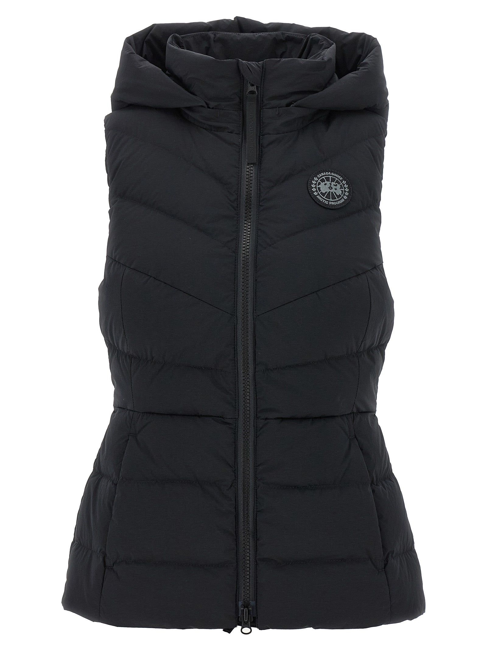 Hooded Vest by Canada Goose for women in polyamide & goose-down black features an contemporary silhouette, showcasing refined pockets, hooded & insulated and a contemporary hooded neckline for a sophisticated layered look.
