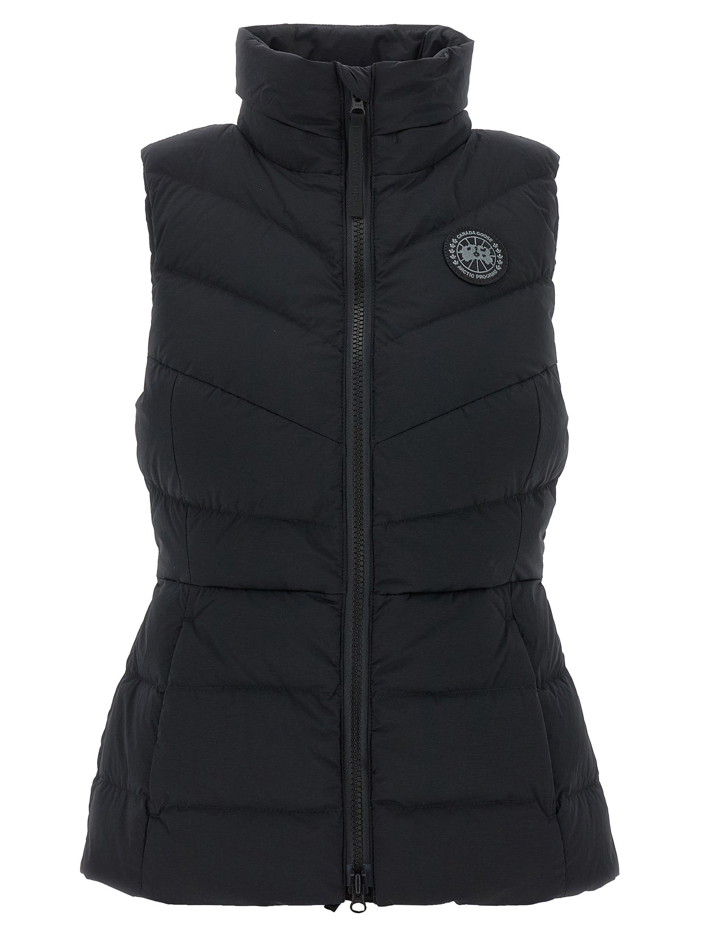 Hooded Vest by Canada Goose for women in polyamide & goose-down black showcases a utilitarian silhouette, artfully incorporating pockets, hooded & insulated and a utilitarian hooded neckline for a truly utilitarian finish.