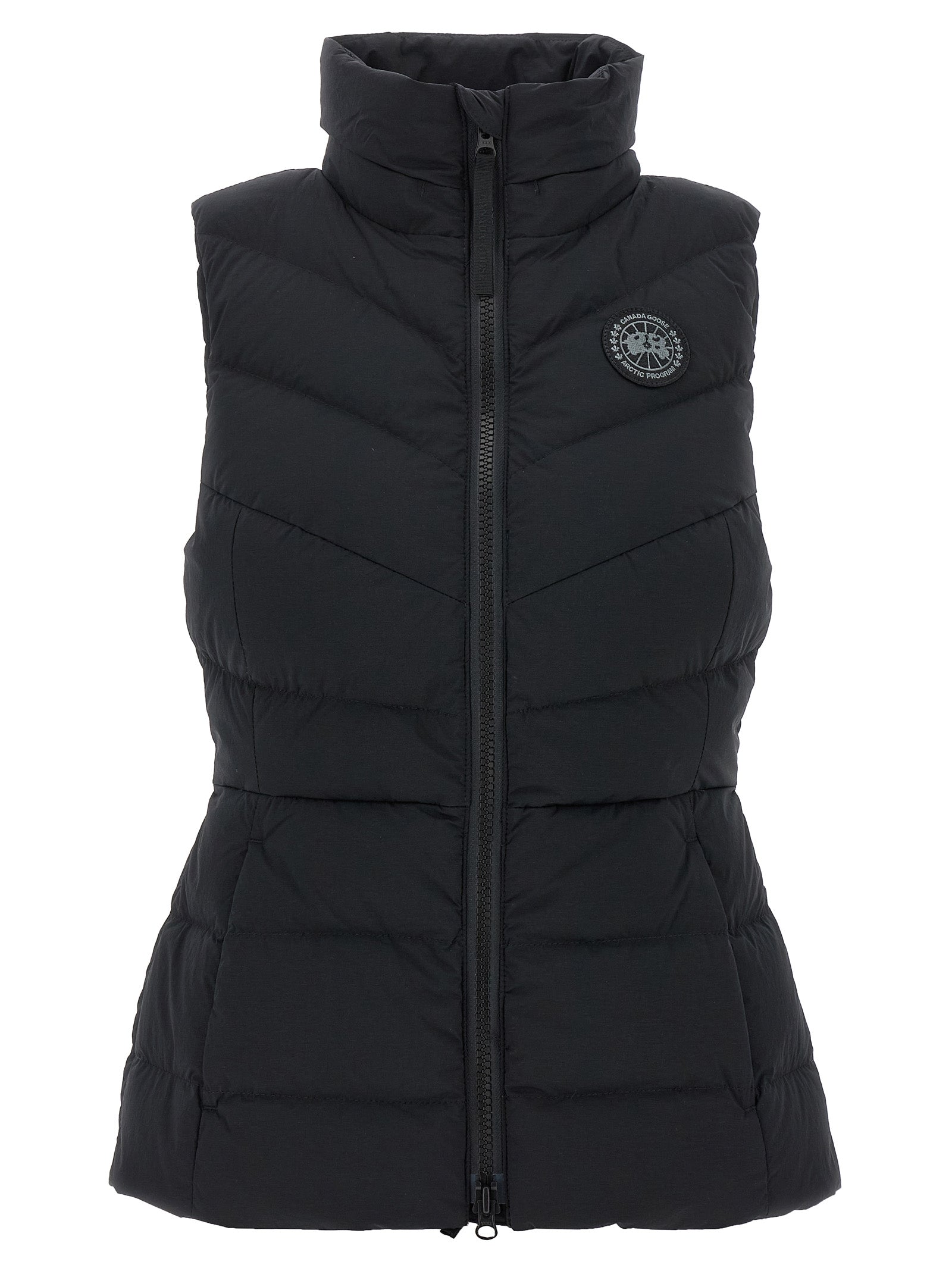 Hooded Vest by Canada Goose for women in polyamide & goose-down black showcases a utilitarian silhouette, artfully incorporating pockets, hooded & insulated and a utilitarian hooded neckline for a truly utilitarian finish.