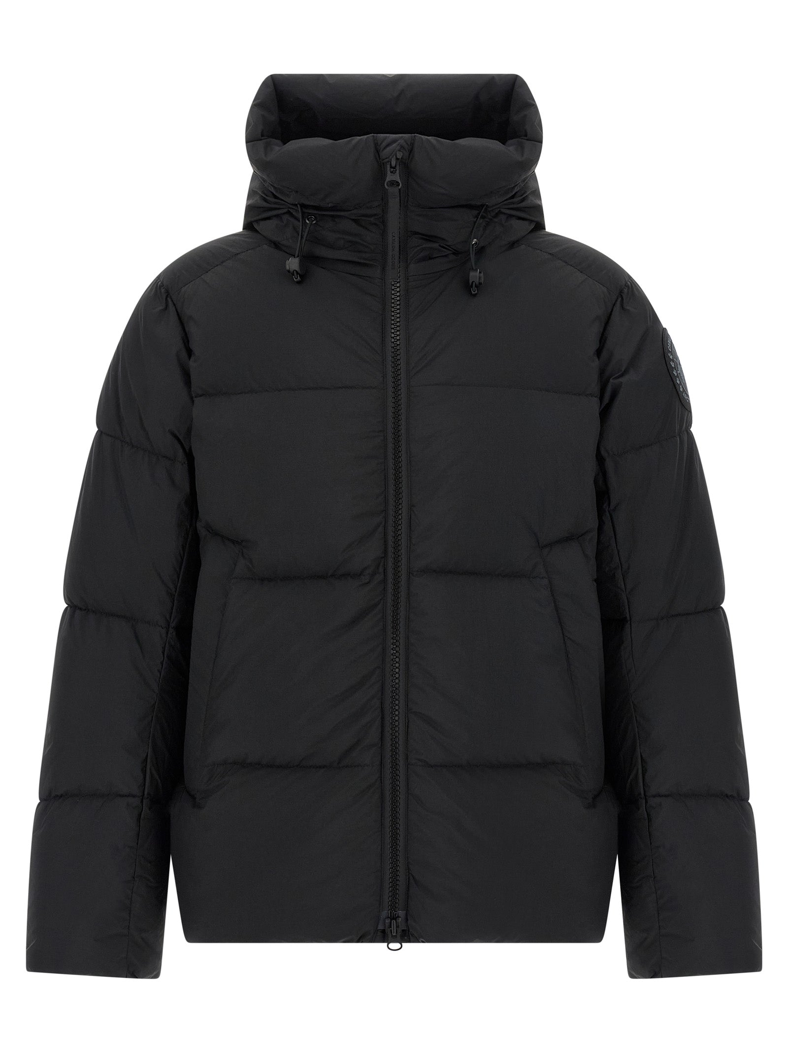 Hooded Overcoat by Canada Goose for men in polyamide & goose-down black showcases a enveloping silhouette, detailed with distinctive windproof, hooded & insulated and a enveloping hooded high-neck neckline.
