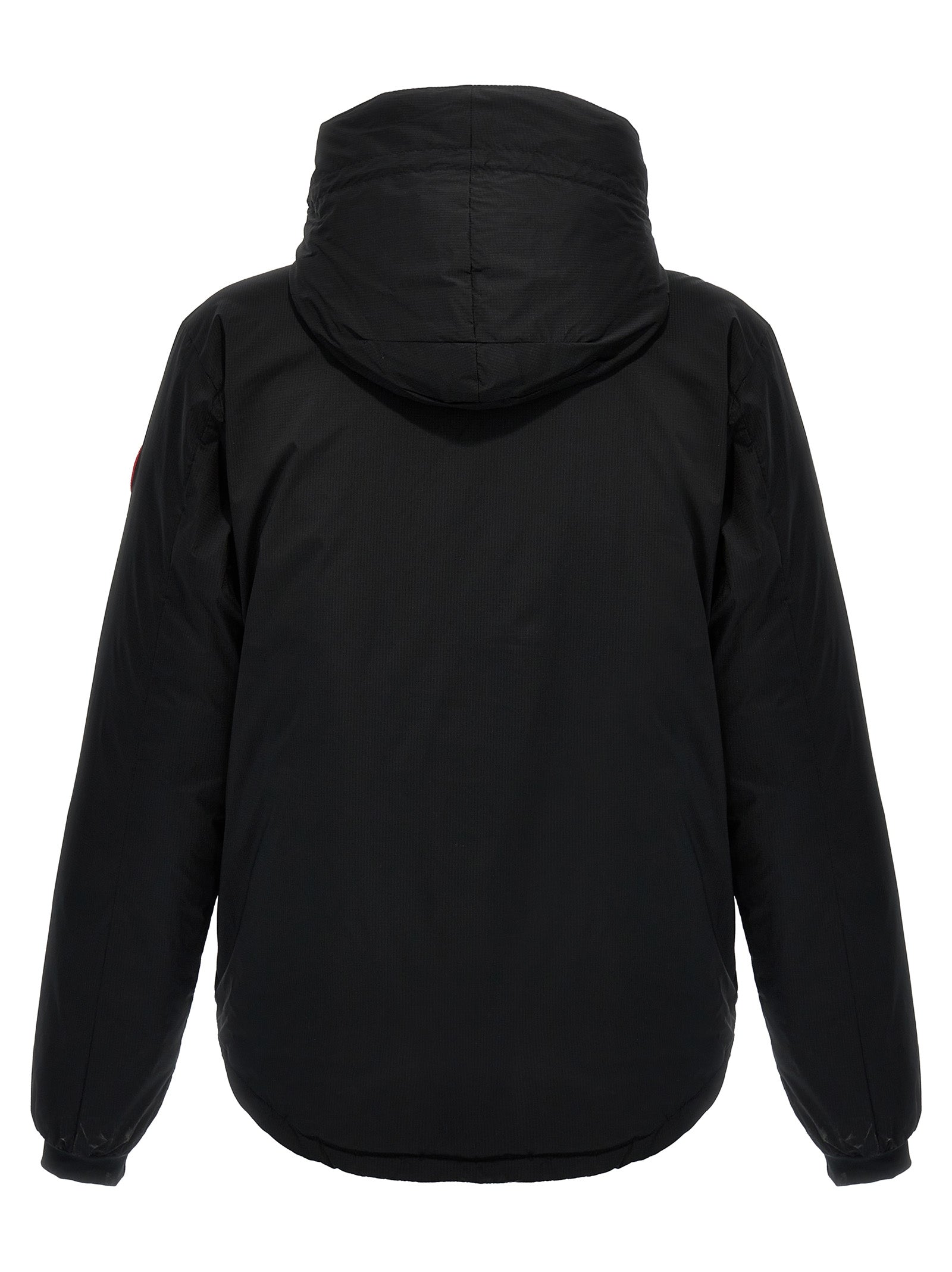 Hooded Windbreaker Jacket by Canada Goose for men in nylon & polyester black showcases a urban chic silhouette, detailed with a urban chic hooded neckline and functional windproof, pockets, hooded & insulated for a polished finish.