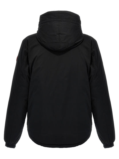 Hooded Windbreaker Jacket by Canada Goose for men in nylon & polyester black showcases a urban chic silhouette, detailed with a urban chic hooded neckline and functional windproof, pockets, hooded & insulated for a polished finish.