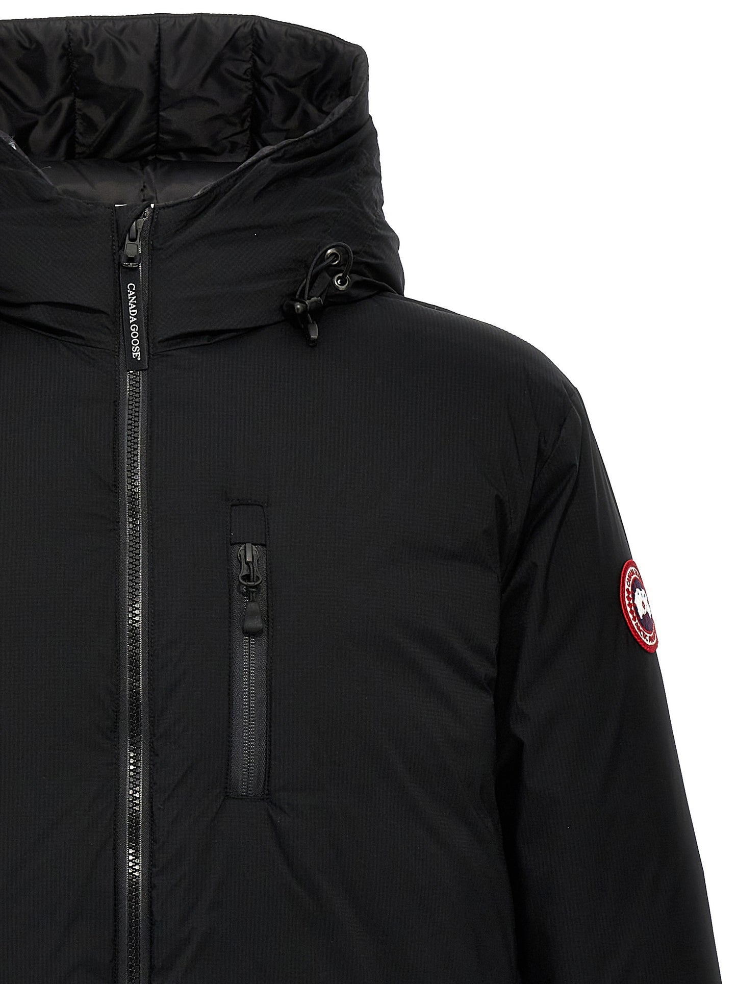 Hooded Windbreaker Jacket by Canada Goose for men in nylon & polyester black features an enduring silhouette, showcasing technical windproof, pockets, hooded & insulated and a sophisticated hooded neckline for a truly enduring aesthetic.