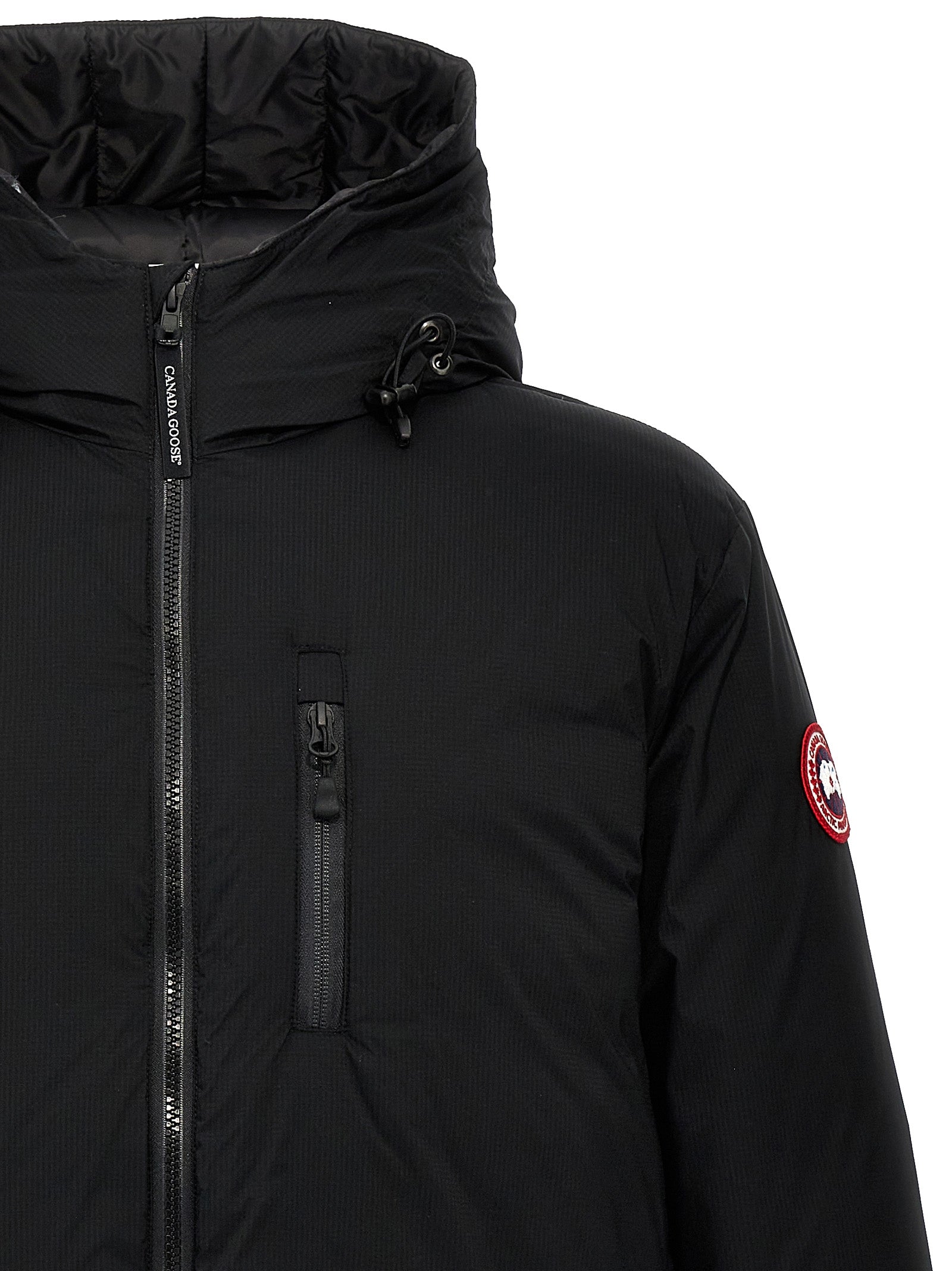 Hooded Windbreaker Jacket by Canada Goose for men in nylon & polyester black features an enduring silhouette, showcasing technical windproof, pockets, hooded & insulated and a sophisticated hooded neckline for a truly enduring aesthetic.