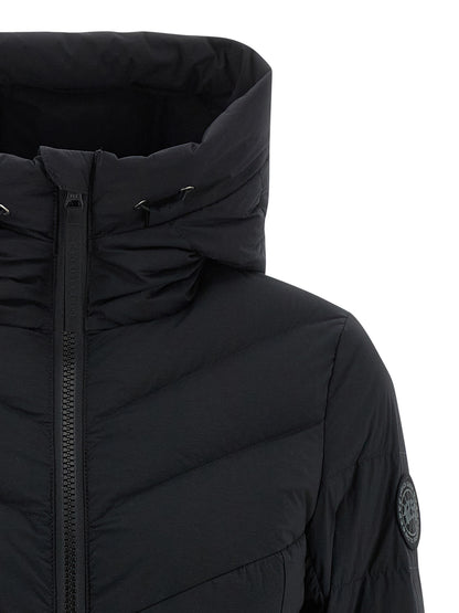 Hooded Puffer Jacket by Canada Goose for women in polyamide & feathers black features a dramatic silhouette, showcasing a sophisticated hooded high-neck neckline and distinctive pockets, hooded & insulated for a dramatic aesthetic.
