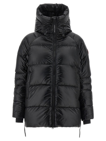 Hooded Overcoat by Canada Goose for women in polyamide black features an satoral silhouette, showcasing a sophisticated hooded high-neck neckline and satoral windproof & hooded for a premium, timeless look.