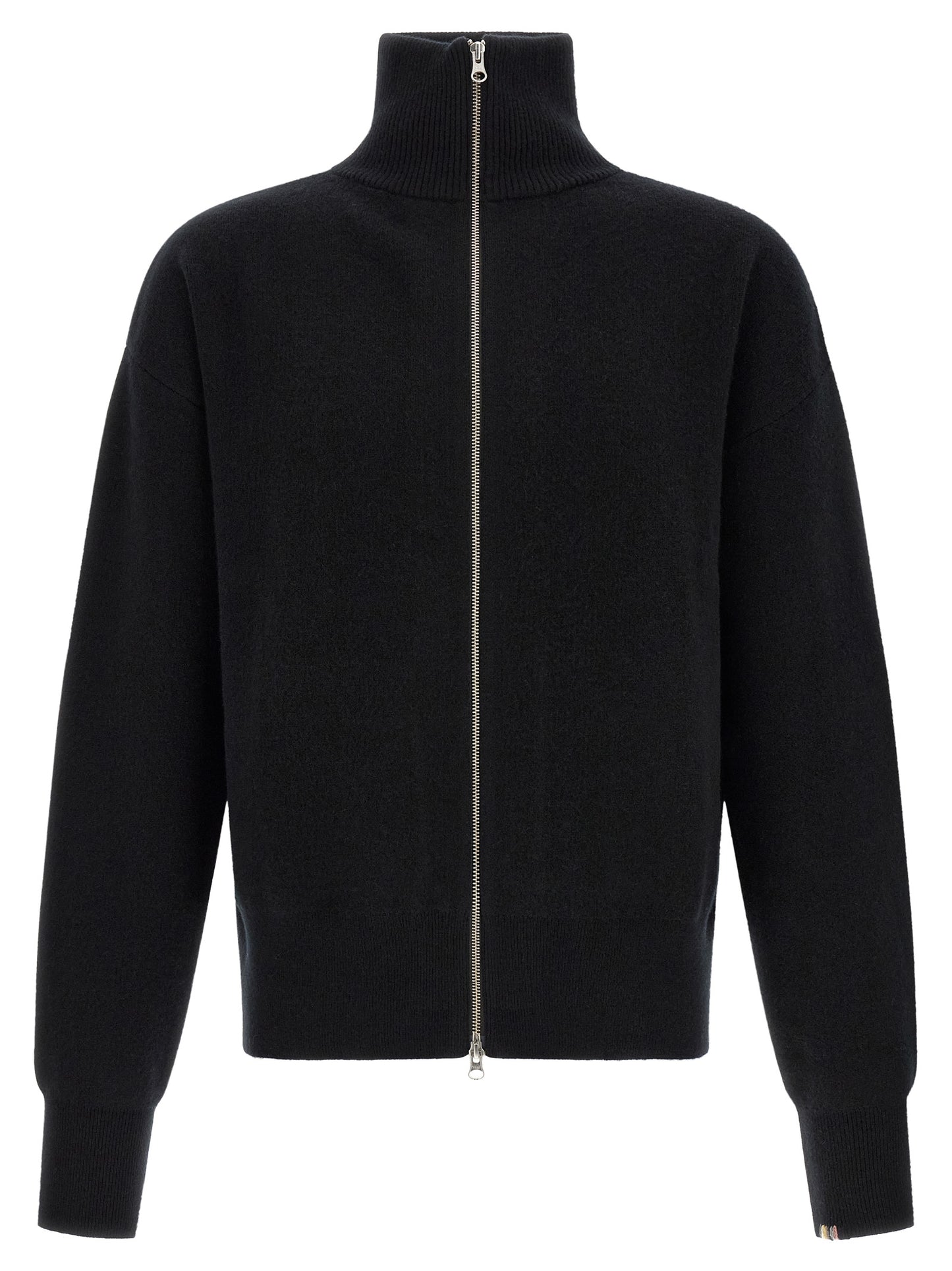 Cardigan by Extreme Cashmere for men in cashmere black, silver & striped showcases a luxurious silhouette, meticulously detailed with a sophisticated high-neck neckline and for a refined finish.