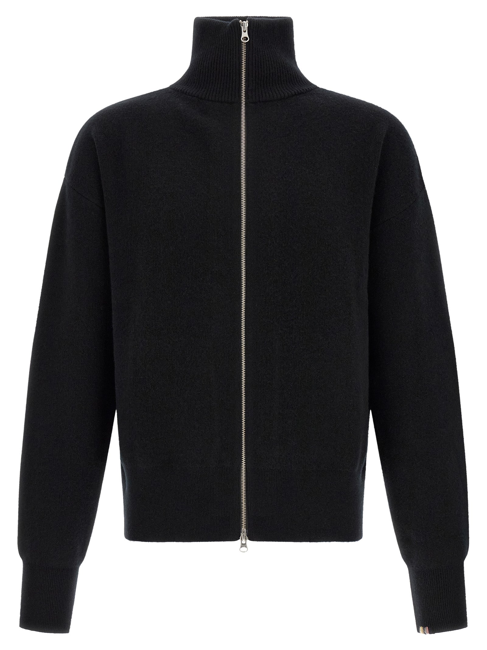 Cardigan by Extreme Cashmere for men in cashmere black, silver & striped showcases a luxurious silhouette, meticulously detailed with a sophisticated high-neck neckline and for a refined finish.