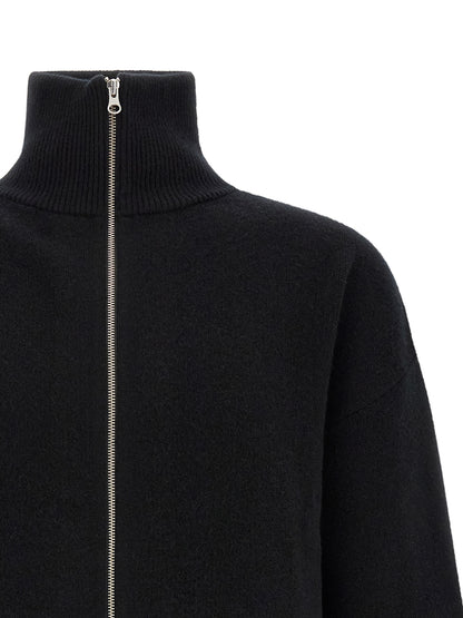 Cardigan by Extreme Cashmere for men in cashmere black, silver & striped features a dramatic silhouette, showcasing a sophisticated high-neck neckline and dramatic detail for a timeless, premium look.