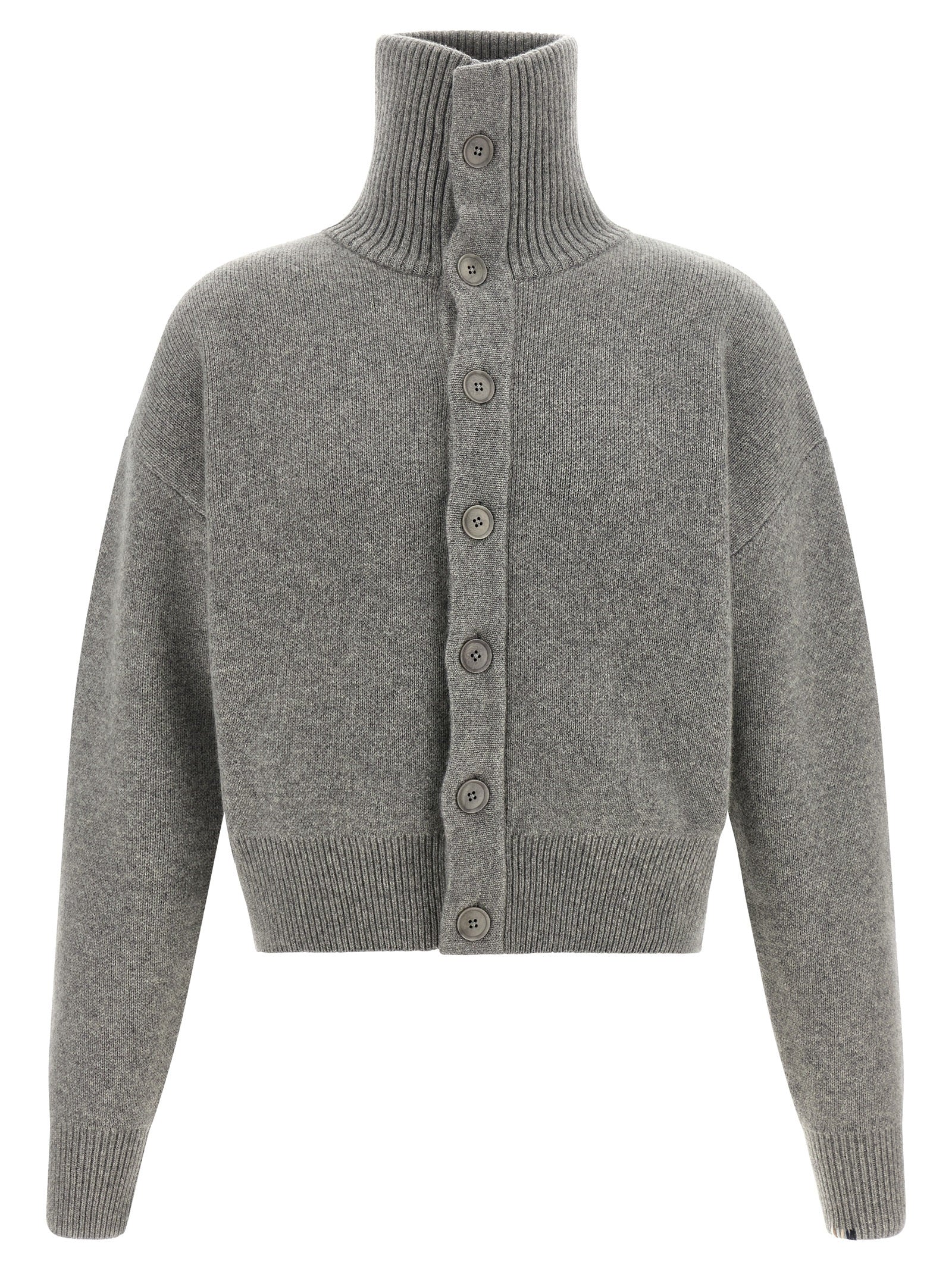 Cardigan by Extreme Cashmere for men in cashmere gray & signature features an impeccable silhouette, showcasing a sophisticated high-neck neckline and detail for a truly impeccable finish.