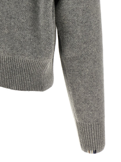 Cardigan by Extreme Cashmere for men in cashmere gray & signature showcases a captivating silhouette, artfully detailed with a captivating and high-neck neckline for a truly sophisticated captivating look.