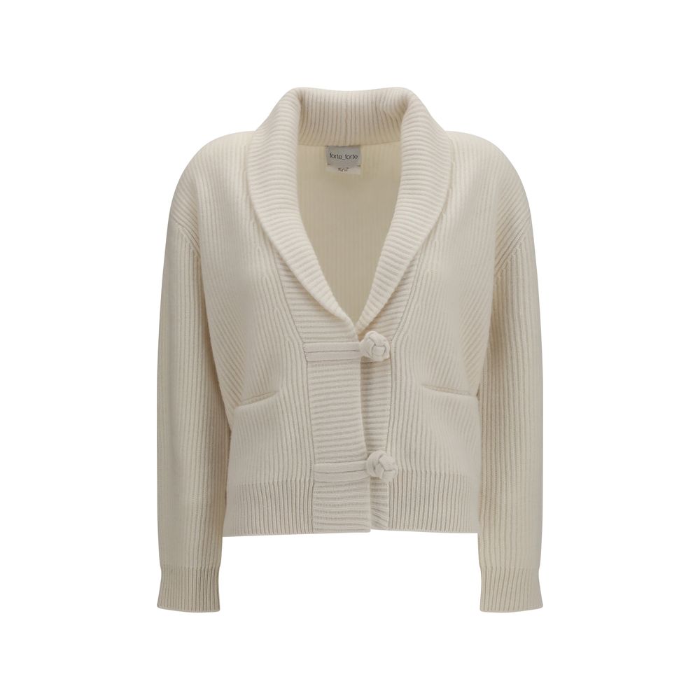 Cardigan by Forte_Forte for women in cashmere wool & capra leather white showcases a captivating silhouette, artfully detailed with a captivating and shawl-collar neckline for a truly sophisticated captivating look.