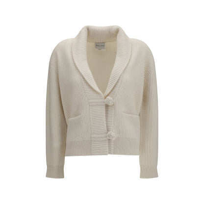 Cardigan by Forte_Forte for women in cashmere wool & capra leather white showcases a captivating silhouette, artfully detailed with a captivating and shawl-collar neckline for a truly sophisticated captivating look.