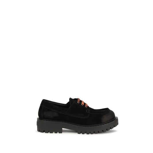 Loafer Slip-On Lace-Up Shoes by Prada for men in suede leather & rubber black features an effortless chic silhouette, showcasing the Men's Suede Leather & Rubber Loafer Slip-On Lace-Up Shoes design with an effortless chic and a for a effortless chic look.