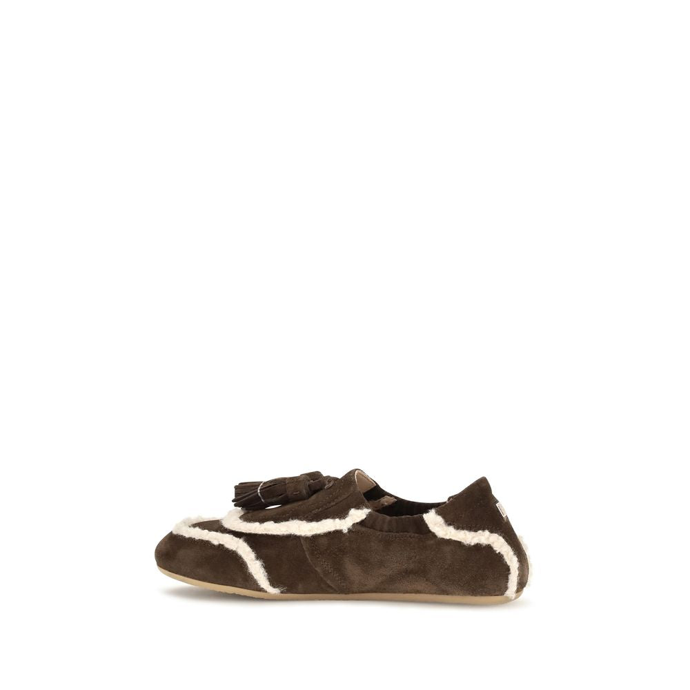 Flat Loafer Slip-On Shoes by Fratelli Rossetti for women in suede leather & fur brown & patterned features an ergonomic silhouette, perfectly showcasing Women's Suede Leather & Fur Flat Loafer Slip-On Shoes with its distinct flat and elegant .