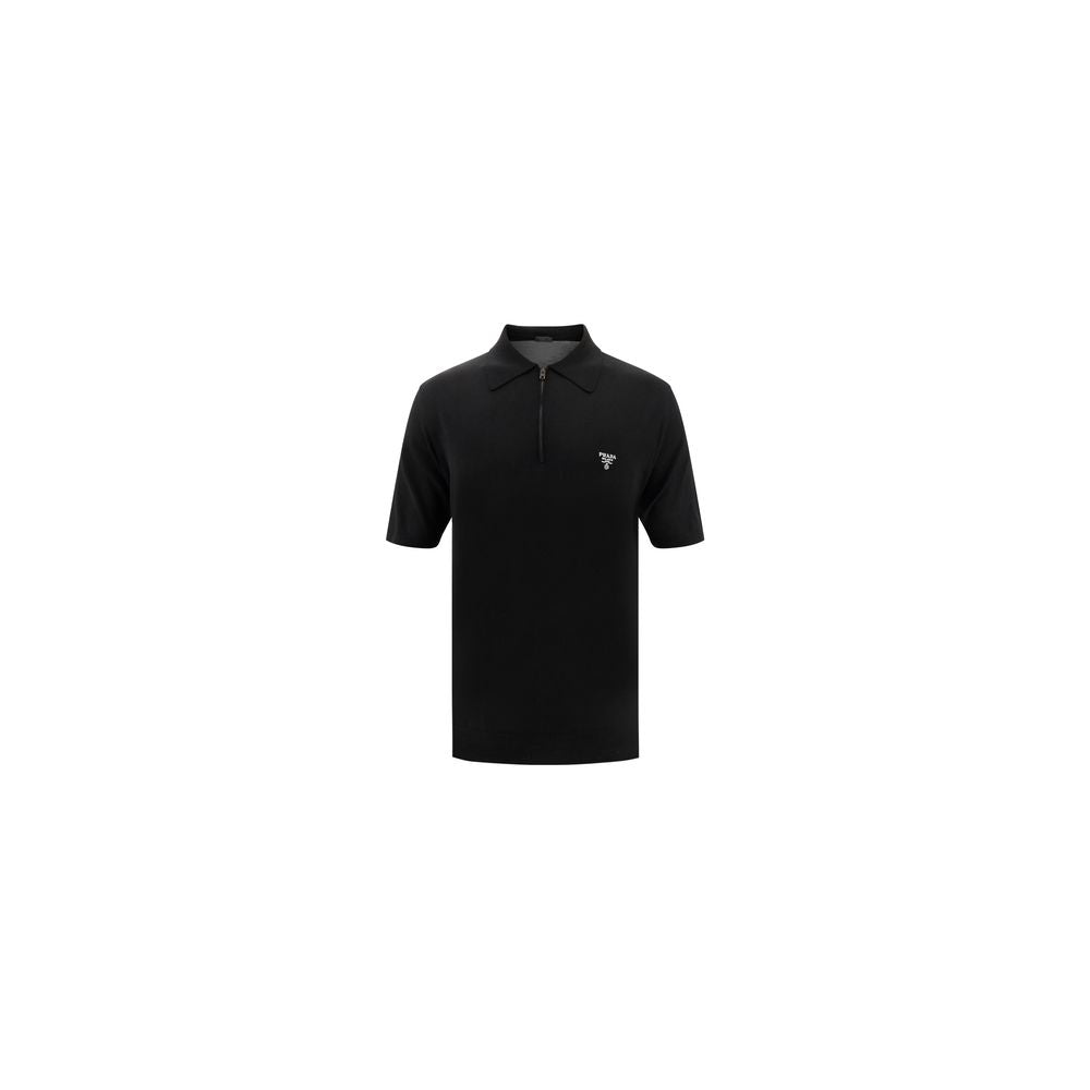 Polo Shirt by Prada for men in virgin wool black, signature & monogram showcases a sharp silhouette, detailed with a refined and sharp for a sophisticated finish.