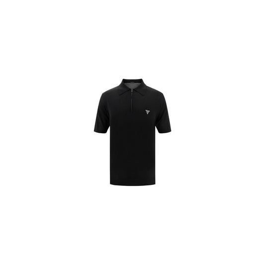 Polo Shirt by Prada for men in virgin wool black, signature & monogram showcases a sharp silhouette, detailed with a refined and sharp for a sophisticated finish.