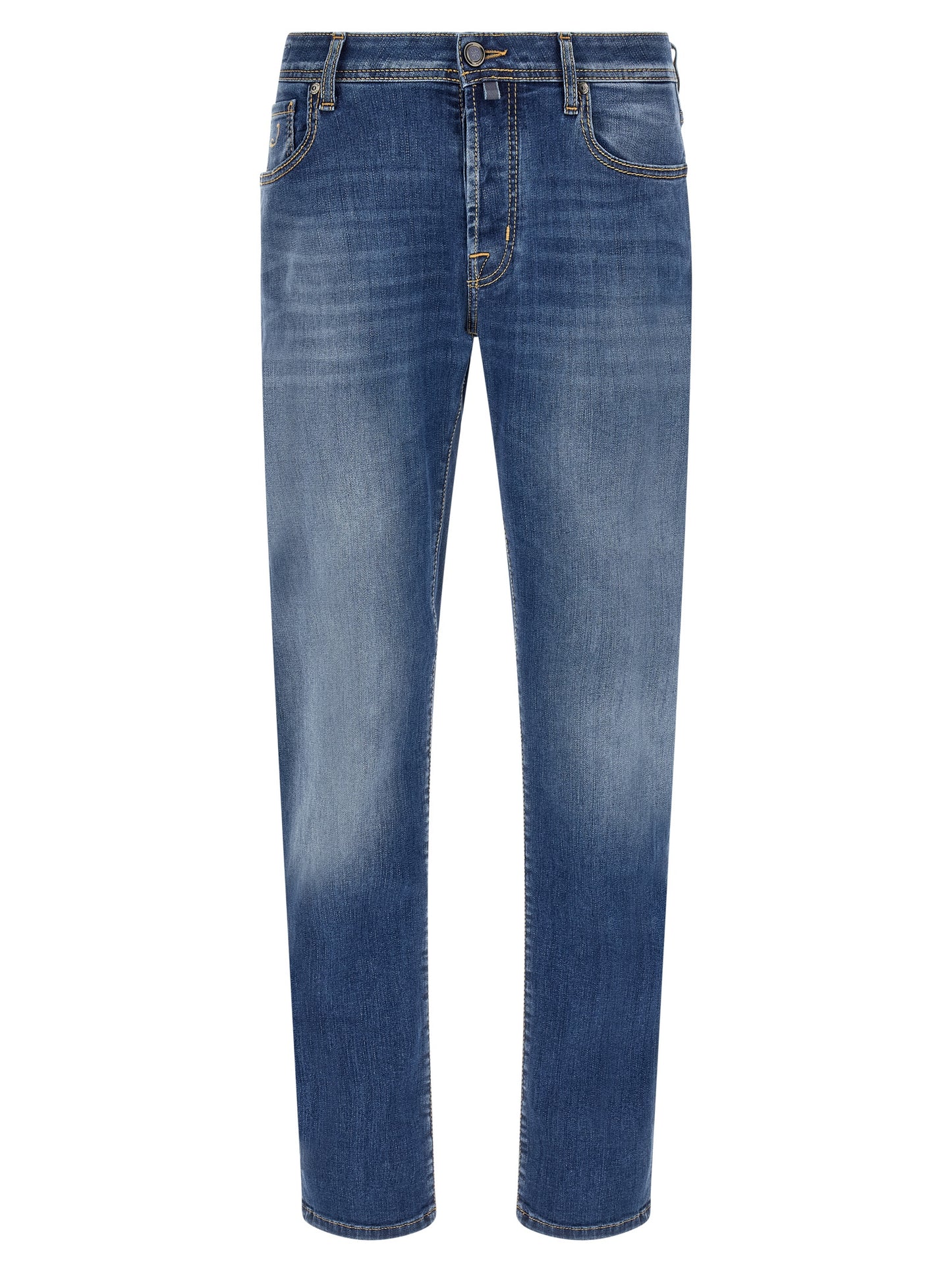 Jeans by Jacob Cohen for men in stretch denim cotton blue, herringbone & signature features an sartorial straight-leg and long with a cut for a sartorial finish.
