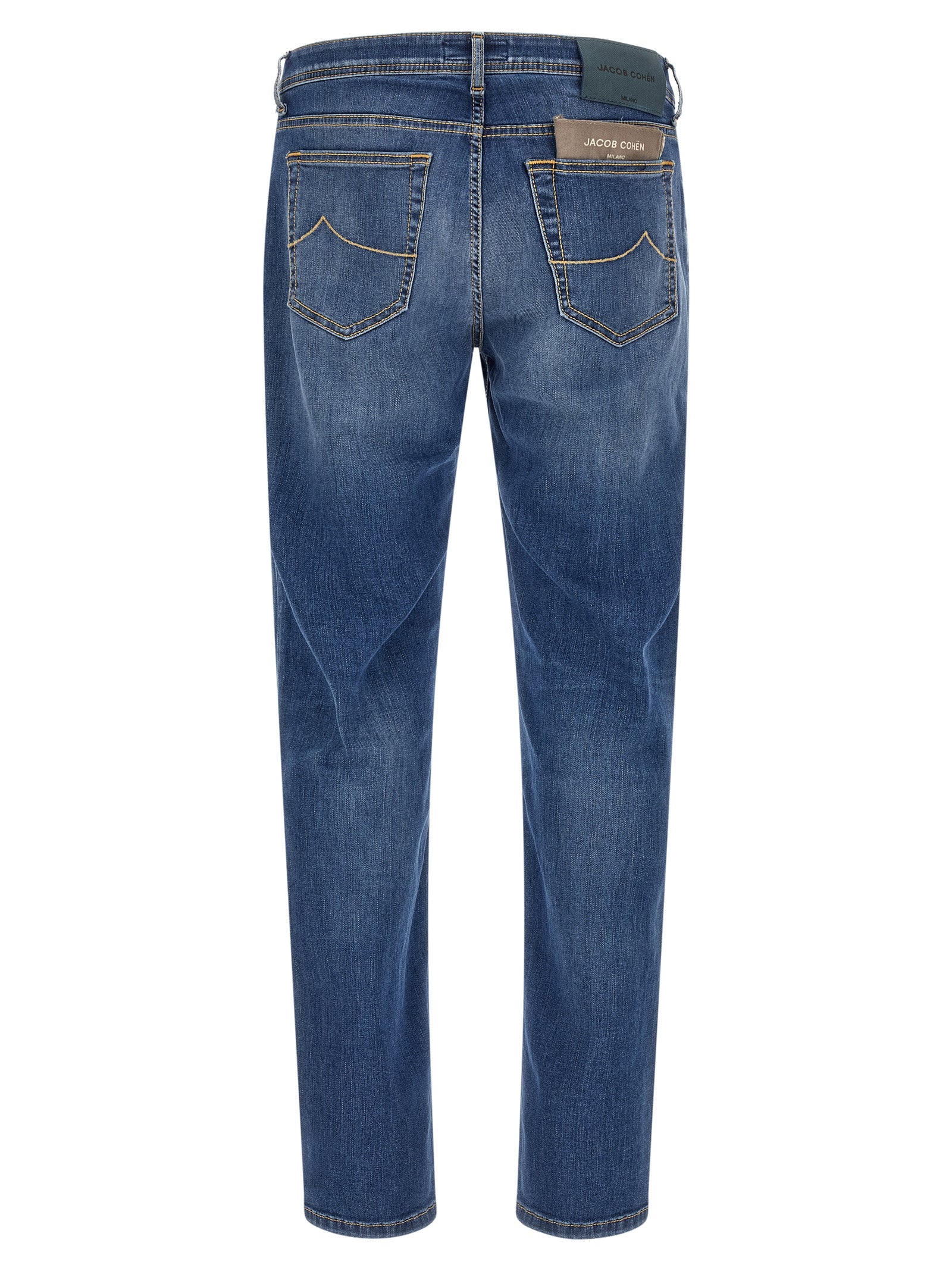 Jeans by Jacob Cohen for men in stretch denim cotton blue, herringbone & signature presents a refined pantology silhouette, artfully defined by a refined pantology straight-leg, long, and a sophisticated .