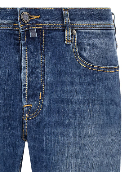 Jeans by Jacob Cohen for men in stretch denim cotton blue, herringbone & signature features a polished silhouette with a polished straight-leg, reaching a polished long and finished with a polished .