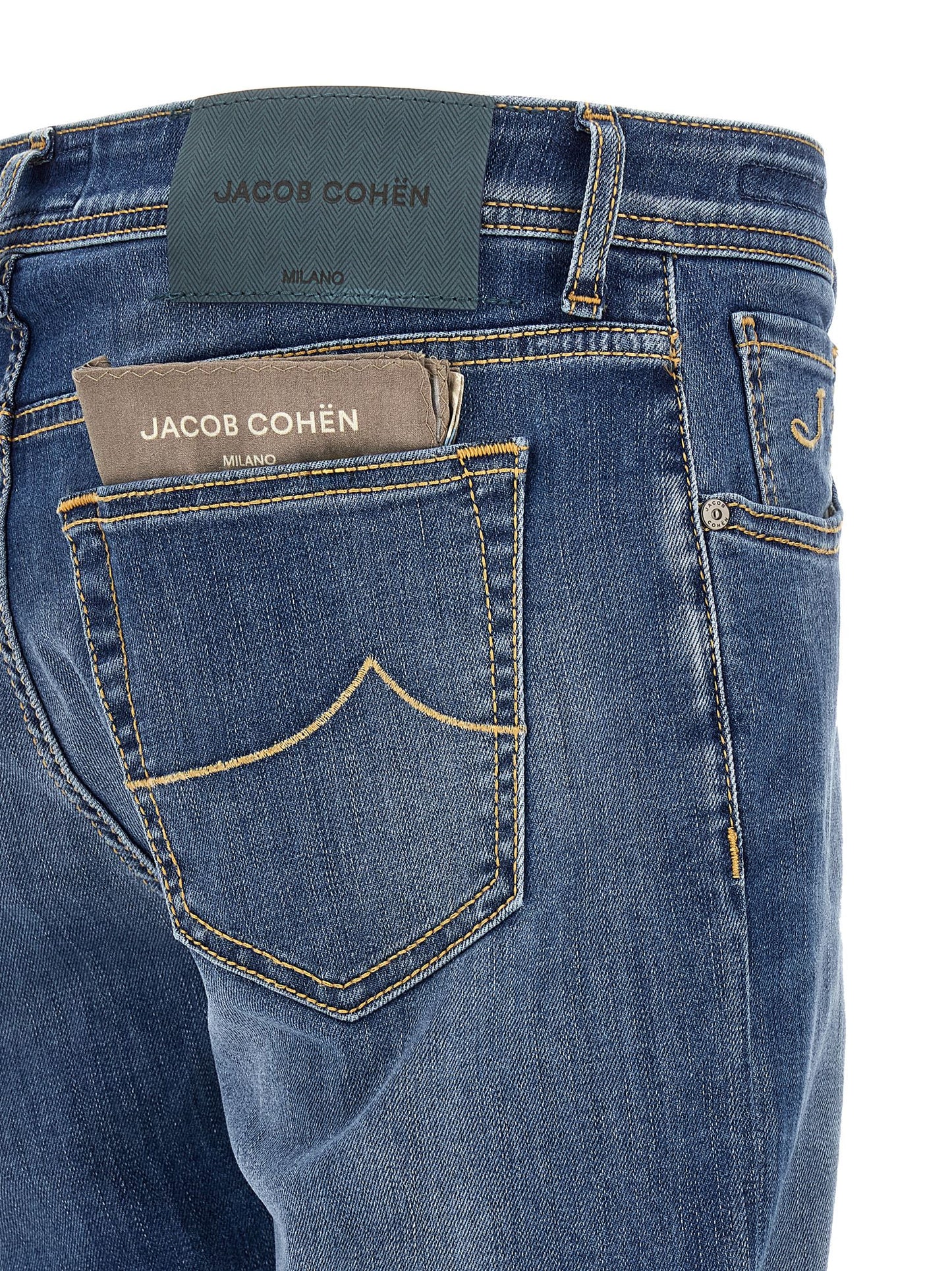 Jeans by Jacob Cohen for men in stretch denim cotton blue, herringbone & signature features a refined silhouette with a refined straight-leg, defined by a and a refined long for a refined finish.