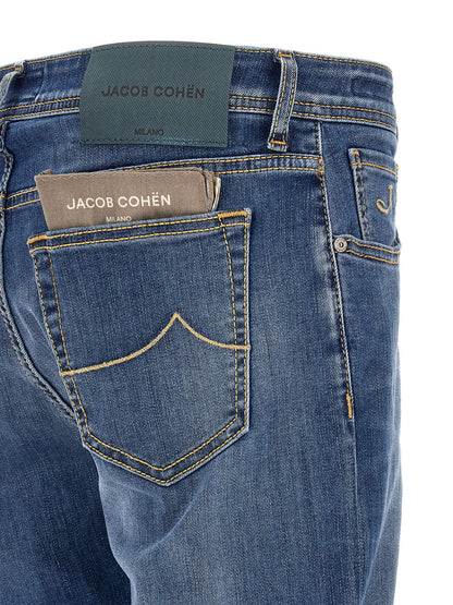 Jeans by Jacob Cohen for men in stretch denim cotton blue, herringbone & signature features a refined silhouette with a refined straight-leg, defined by a and a refined long for a refined finish.