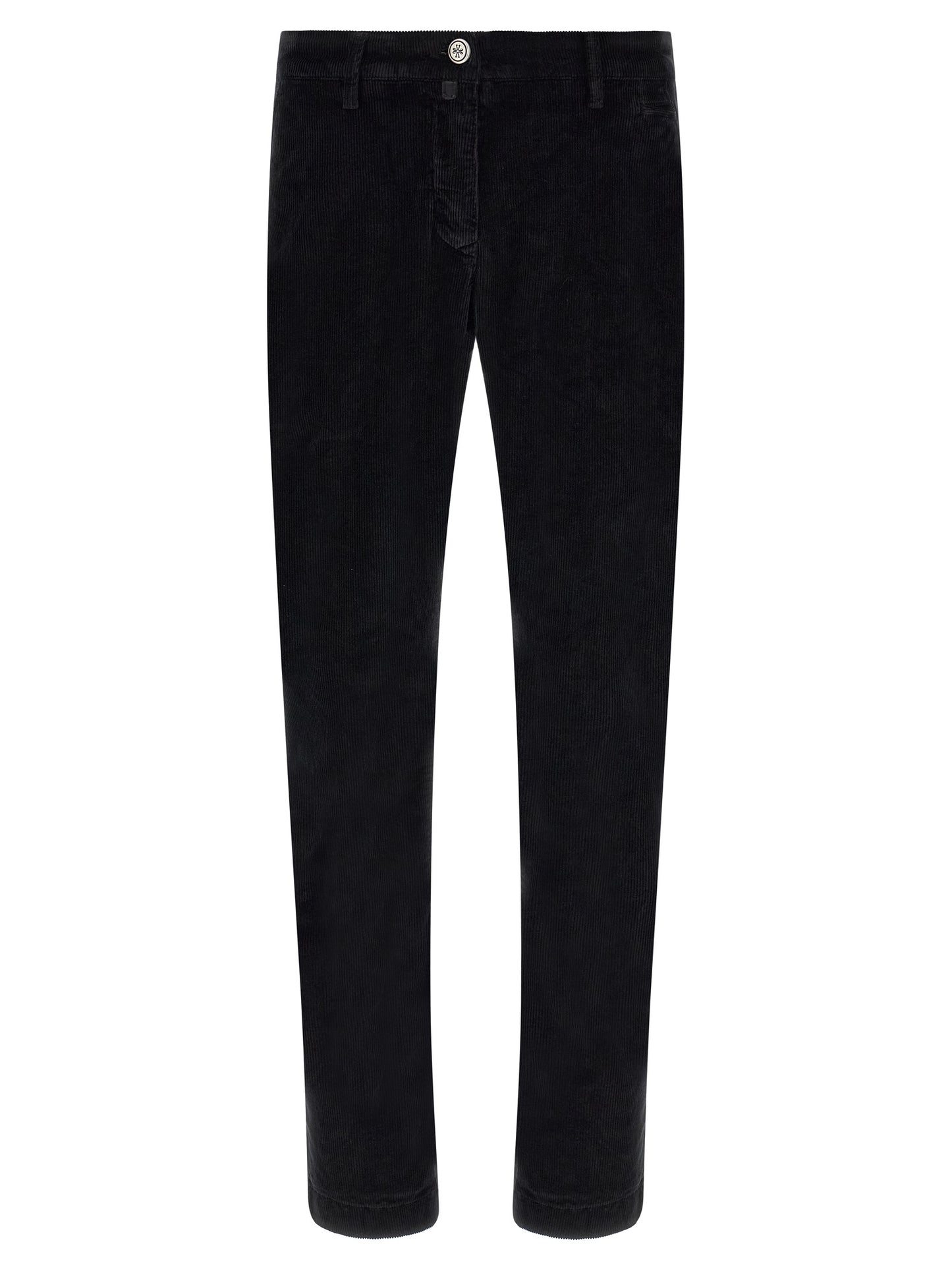 Chinos Pants by Jacob Cohen for men in stretch modal cotton corduroy black, signature & monogram features a modern silhouette, showcasing a modern tapered-leg with a long and for a refined finish.