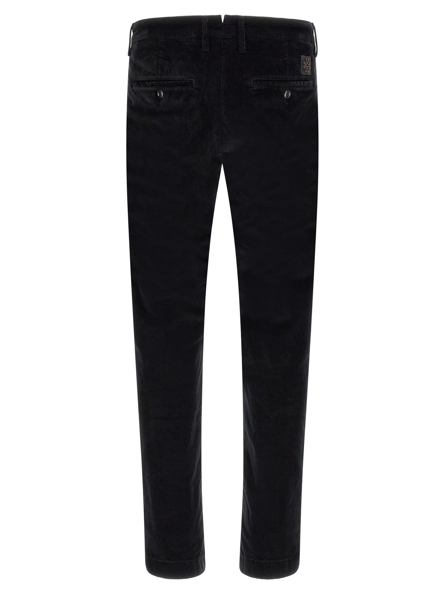 Chinos Pants by Jacob Cohen for men in stretch modal cotton corduroy black, signature & monogram features an sharp tapered-leg and long with a , highlighting a sharp silhouette for a sophisticated look.