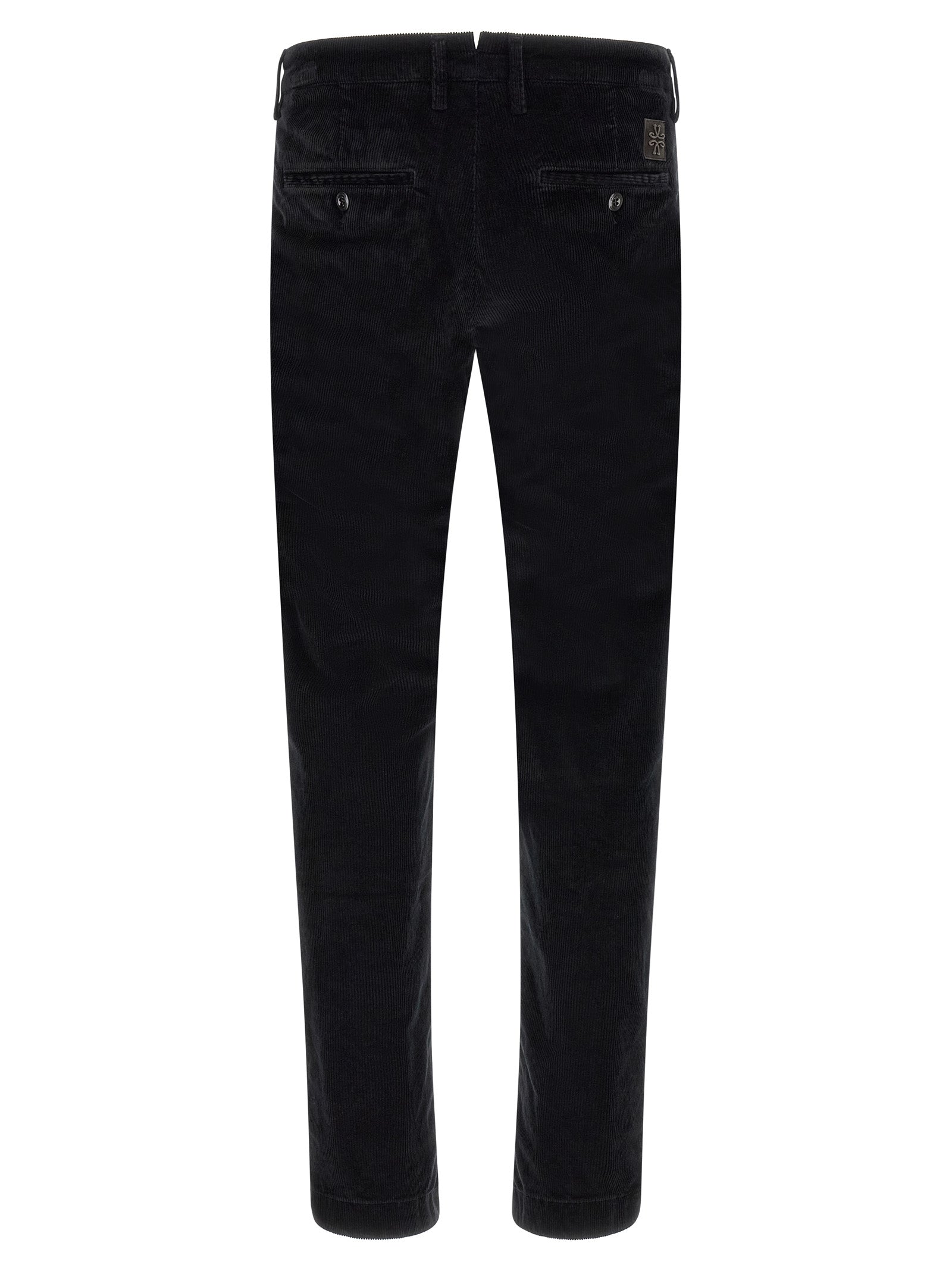 Chinos Pants by Jacob Cohen for men in stretch modal cotton corduroy black, signature & monogram features an sharp tapered-leg and long with a , highlighting a sharp silhouette for a sophisticated look.