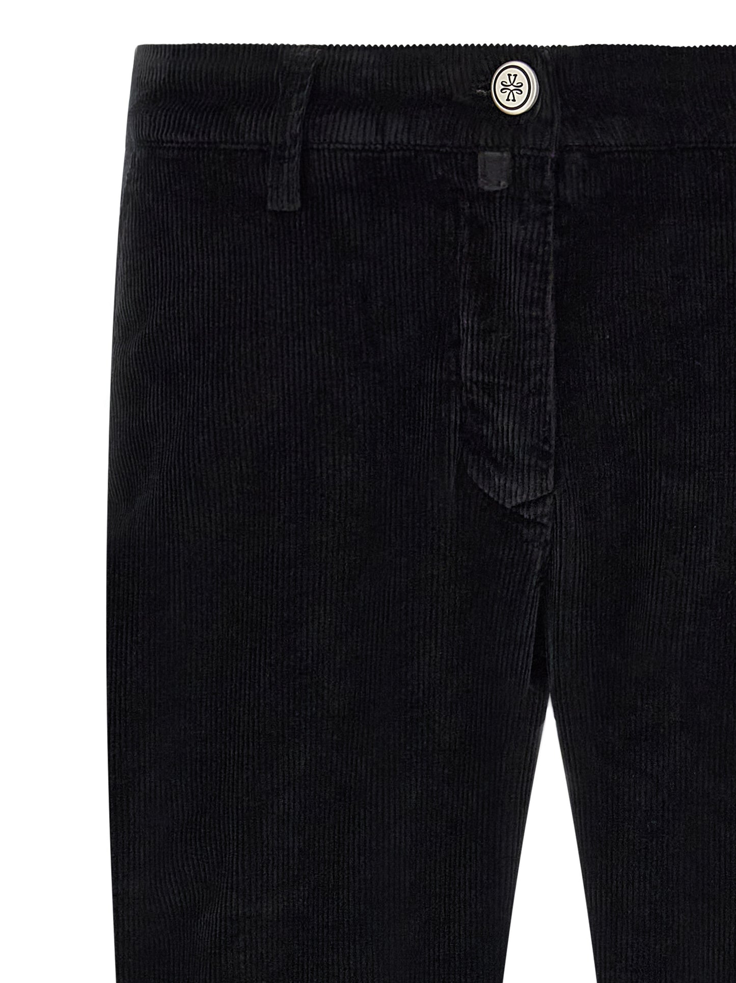 Chinos Pants by Jacob Cohen for men in stretch modal cotton corduroy black, signature & monogram presents a sartorial luxe silhouette, showcasing a sophisticated tapered-leg with a long and for a premium, sartorial luxe finish.
