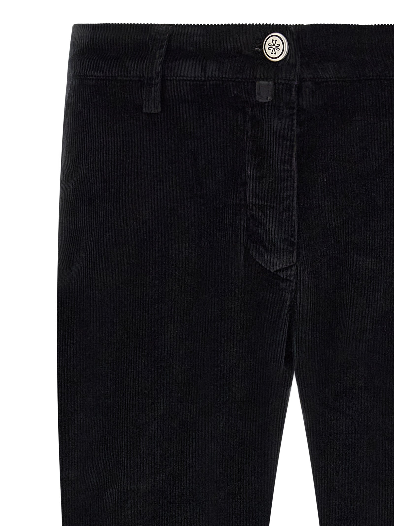 Chinos Pants by Jacob Cohen for men in stretch modal cotton corduroy black, signature & monogram presents a sartorial luxe silhouette, showcasing a sophisticated tapered-leg with a long and for a premium, sartorial luxe finish.