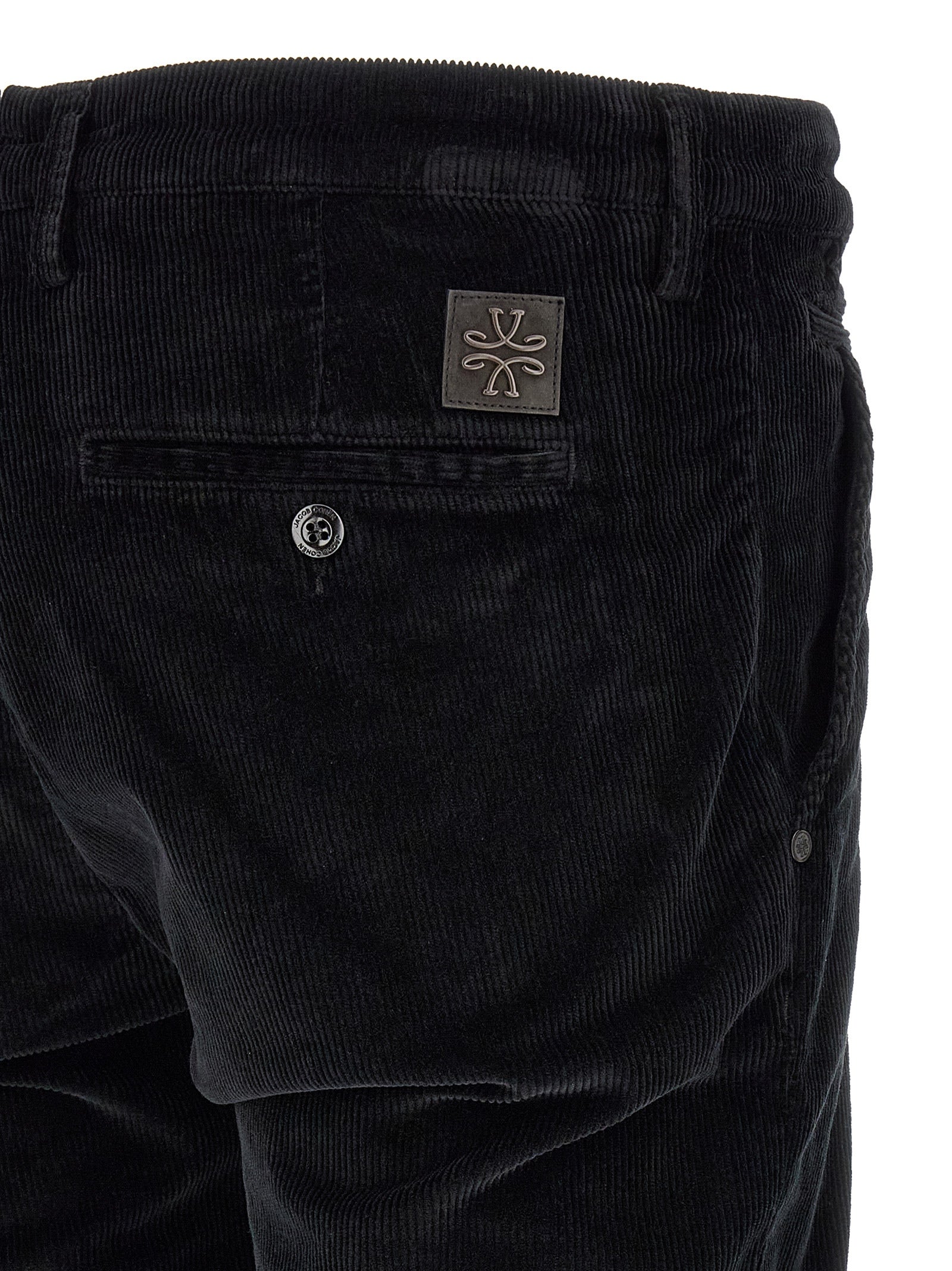Chinos Pants by Jacob Cohen for men in stretch modal cotton corduroy black, signature & monogram features an utilitarian-chic silhouette, showcasing a utilitarian-chic tapered-leg with a long cut and for a refined look.