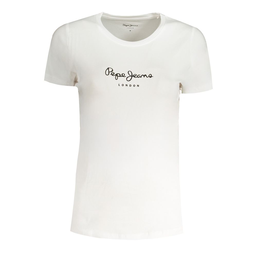 T-Shirt by Pepe Jeans for women in cotton white showcases a unassuming silhouette, artfully detailed with a refined hooded neckline and unassuming short-sleeve for a sophisticated, contemporary look.