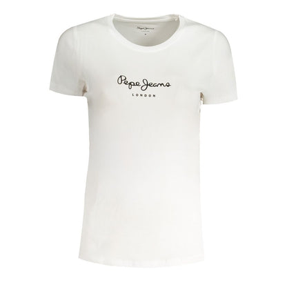 T-Shirt by Pepe Jeans for women in cotton white showcases a unassuming silhouette, artfully detailed with a refined hooded neckline and unassuming short-sleeve for a sophisticated, contemporary look.