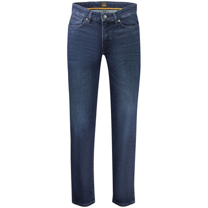 Jeans by Hugo Boss for men in stretch denim cotton blue features an refined tailoring silhouette, showcasing a premium straight-leg & regular-fit with a and long cut for a refined tailoring look.